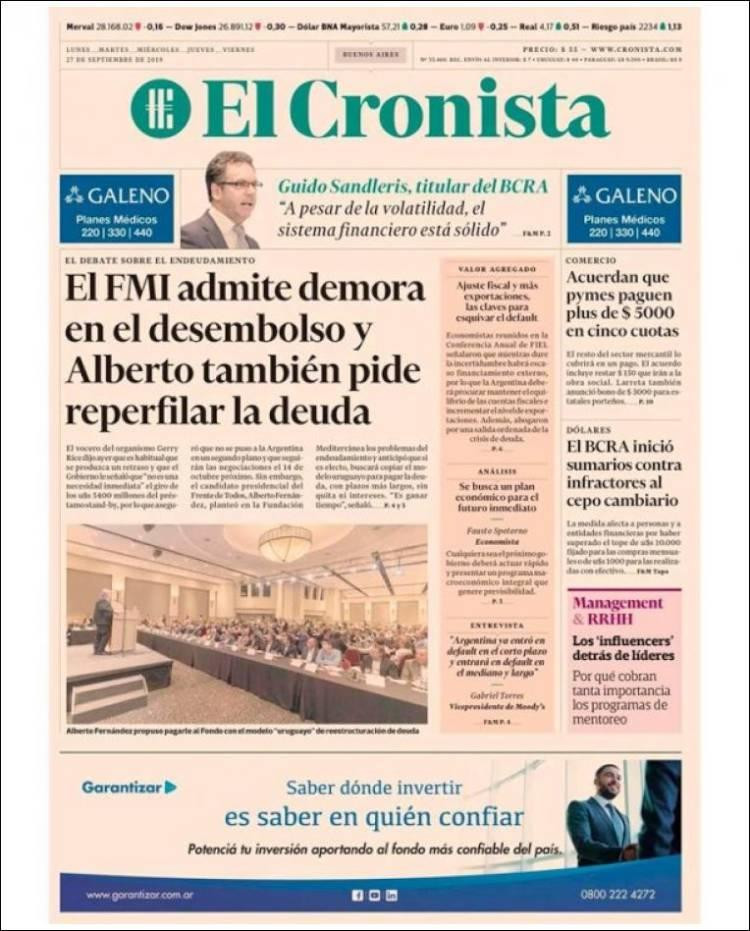 Tapas de diarios, El Cronista, viernes 27-09-19