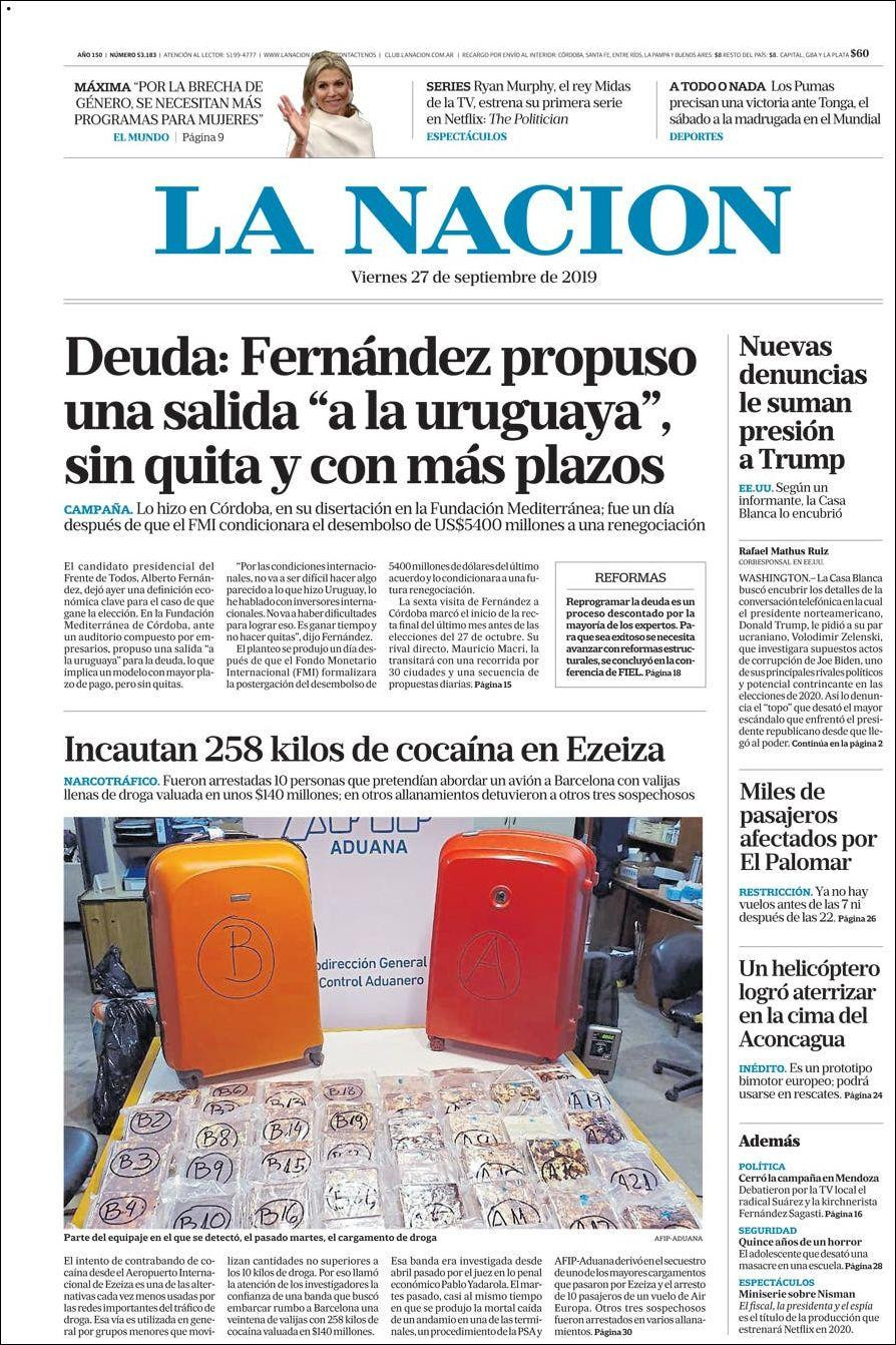 Tapas de diarios, La Nación, viernes 27-09-19