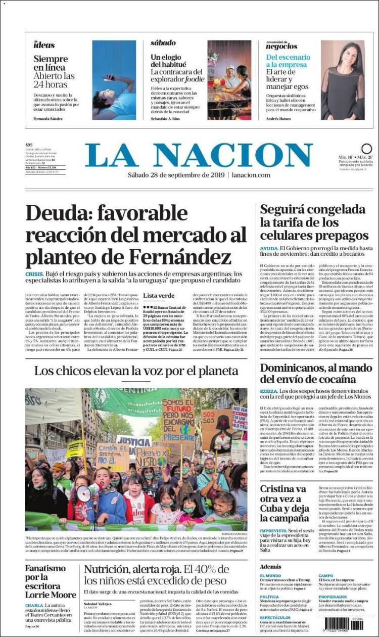 Tapas de Diarios - La Nación - Sábado 28-9-19