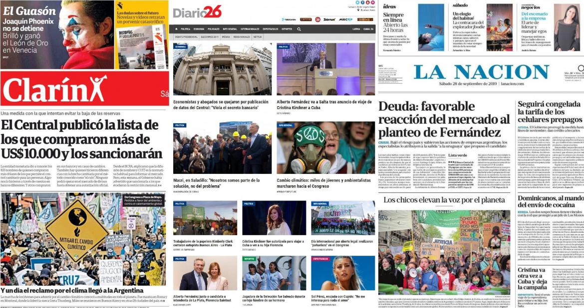 Tapas de diarios argentinos, sábado 28-09-19