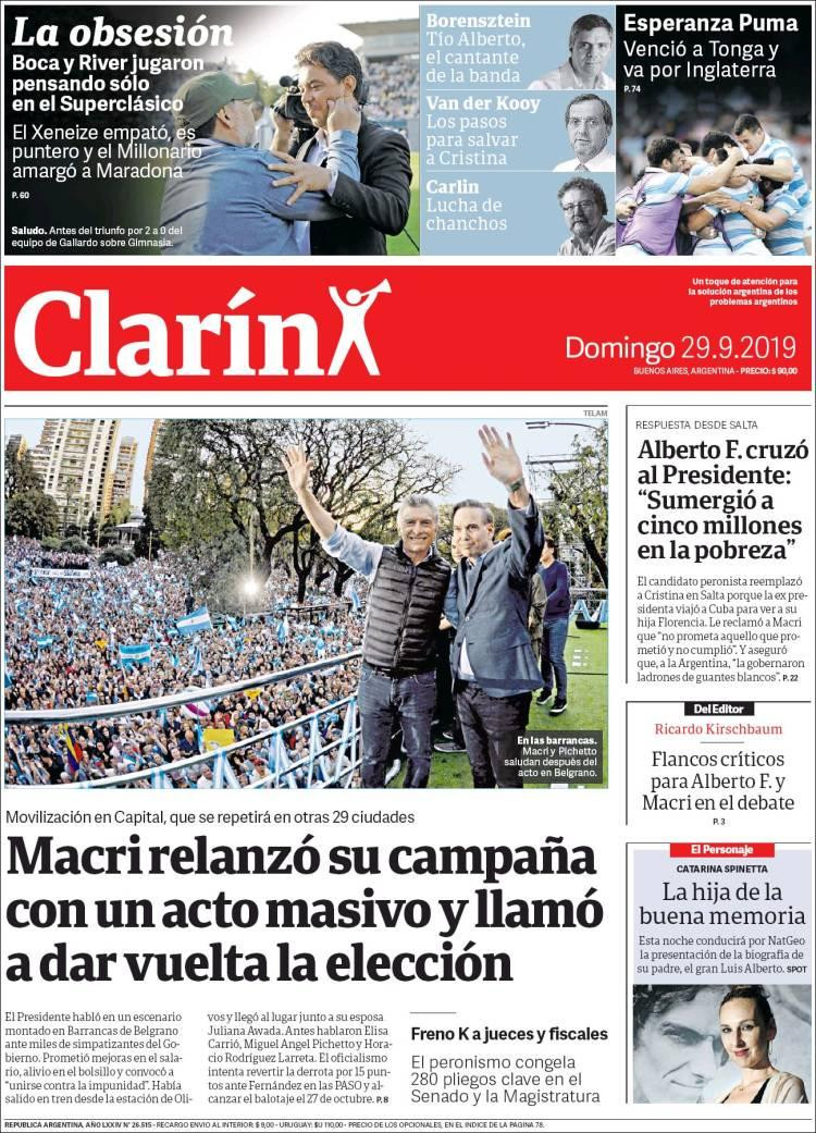 Tapas de diarios, Clarín, Domingo 29-09-19