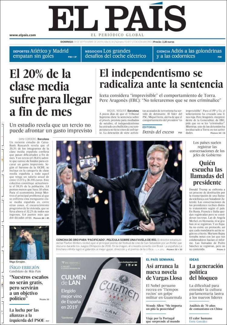 Tapas de diarios, El País, Domingo 29-09-19