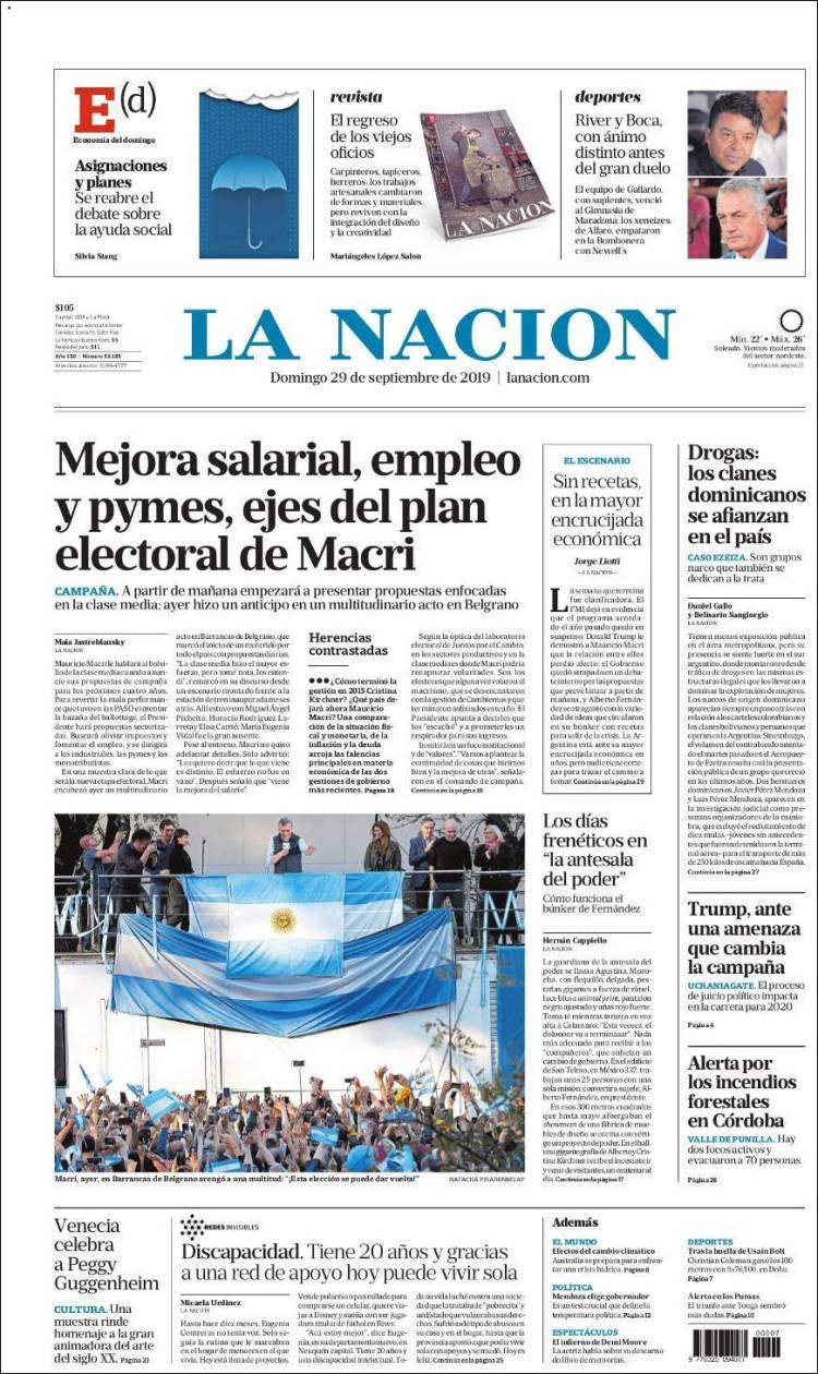 Tapas de diarios, La Nación, Domingo 29-09-19