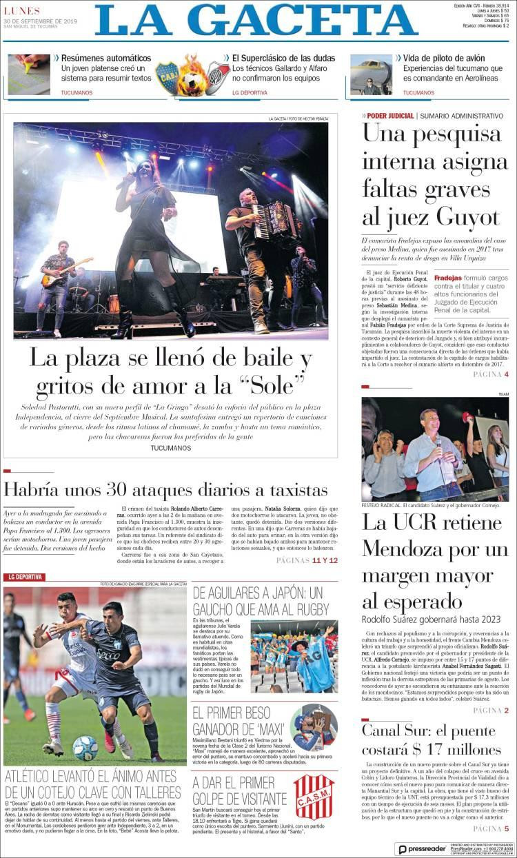 Tapas de diarios, La Gaceta, lunes 30-09-19