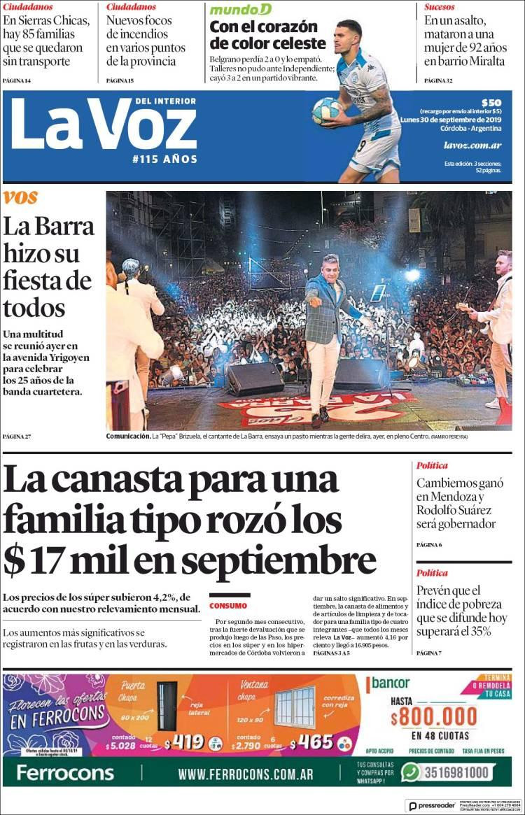 Tapas de diarios, La Voz del Interior, lunes 30-09-19