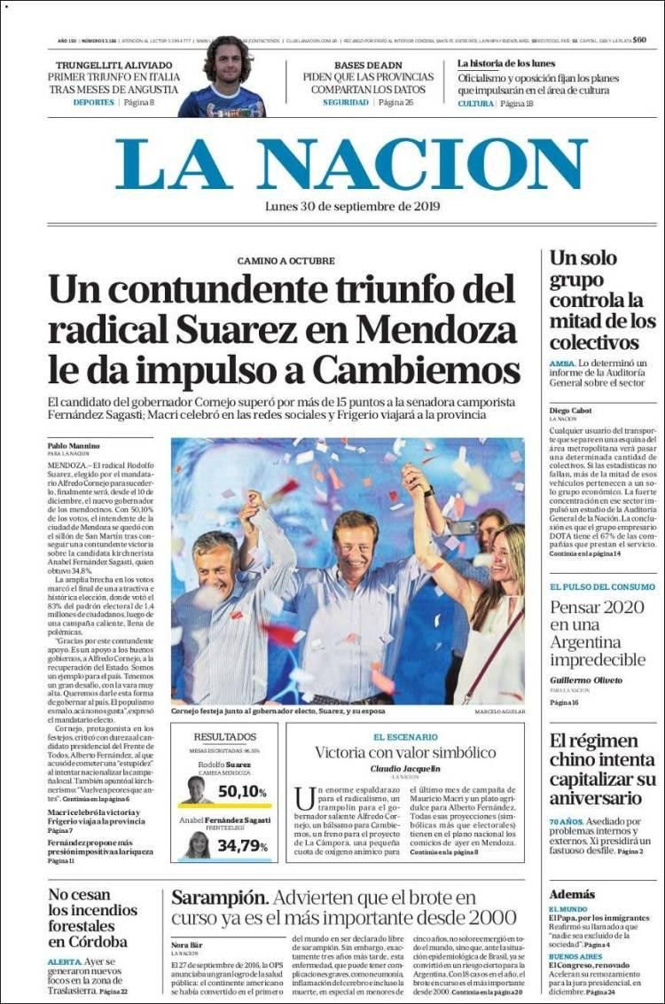 Tapas de diarios, La Nación, lunes 30-09-19