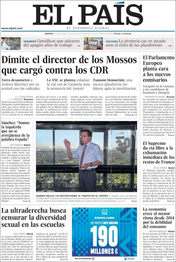Tapas de diarios, El País, martes 1-10-19