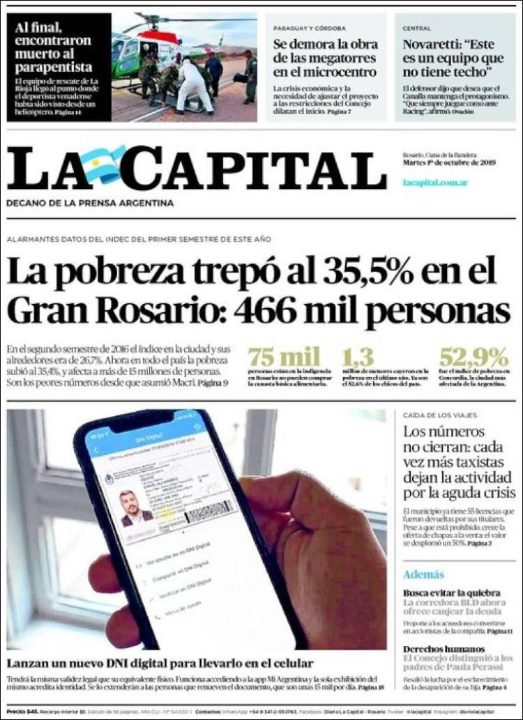 Tapas de diarios,La Capital, martes 1-10-19