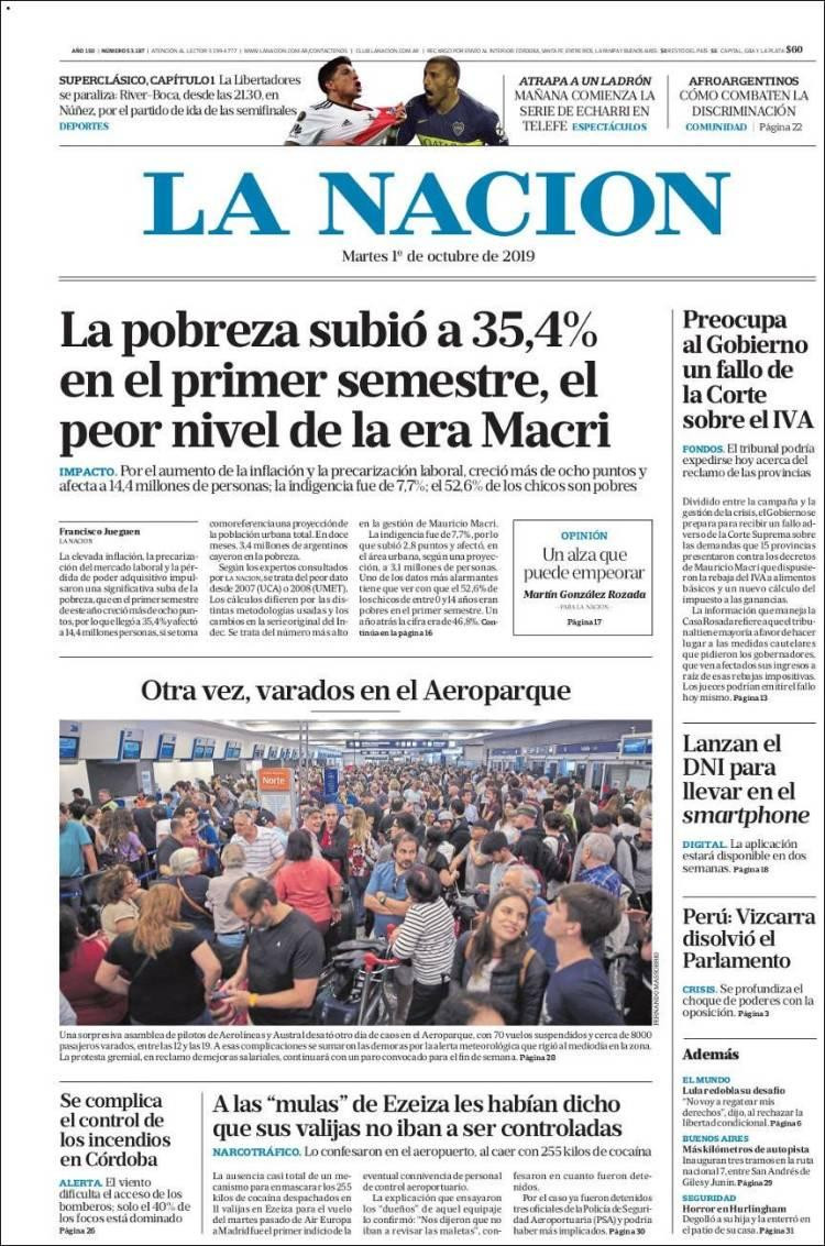 Tapas de diarios, La Nación, martes 1-10-19