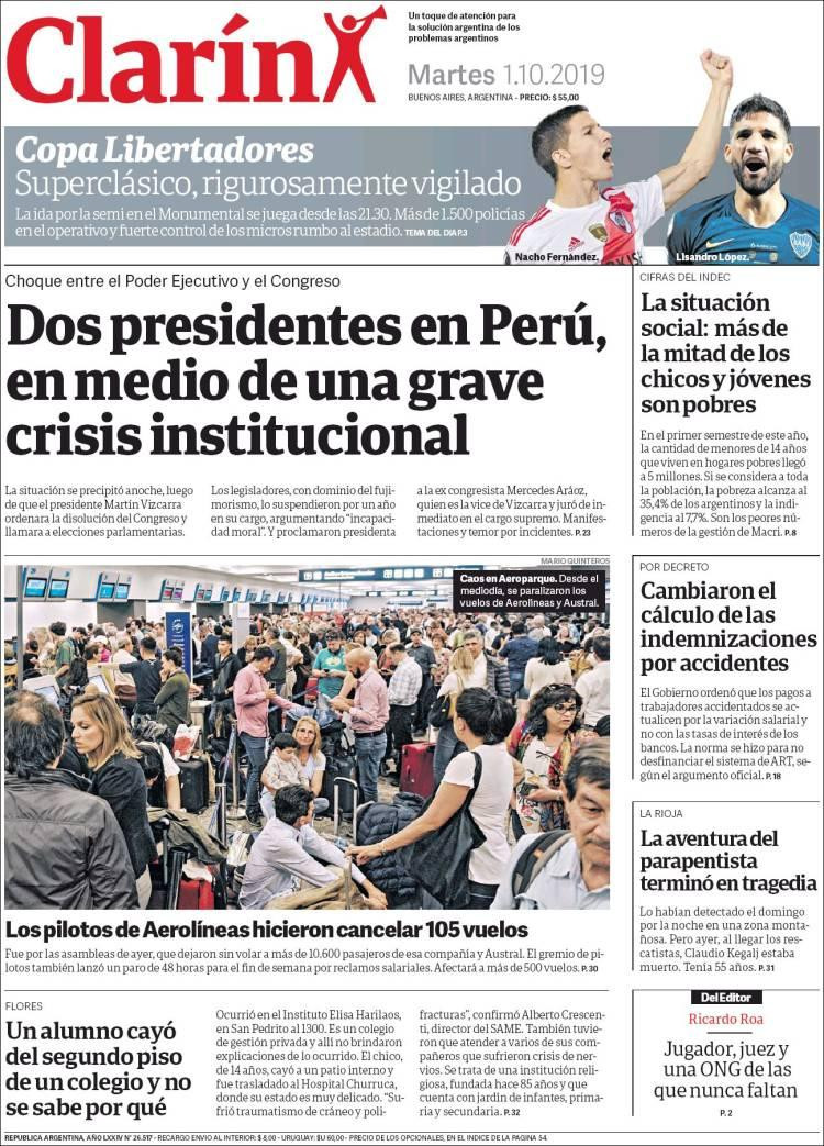 Tapas de diarios, Clarín, martes 1-10-19