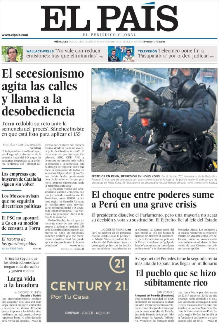 Tapas de diarios, El Pais de España, miercoles 02-10-19