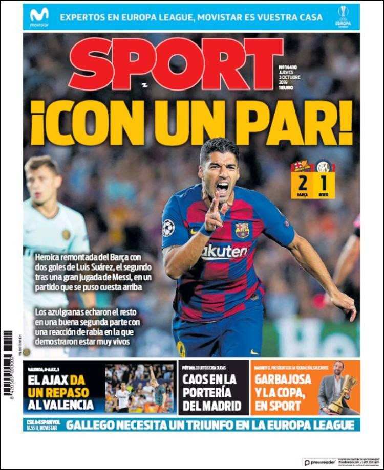 Tapas de diarios, Sport de España, jueves 3-10-19