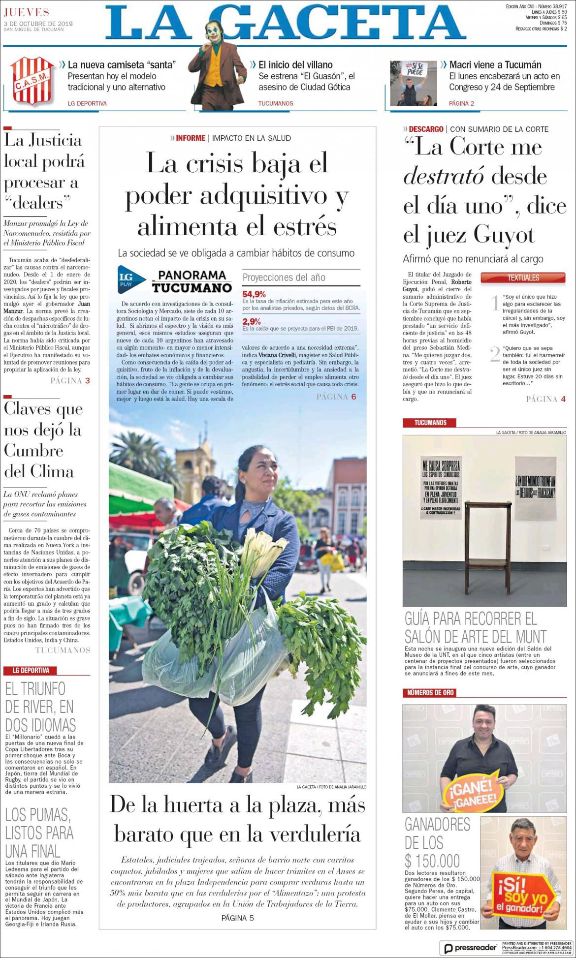 Tapas de diarios, La Gaceta, jueves 3-10-19