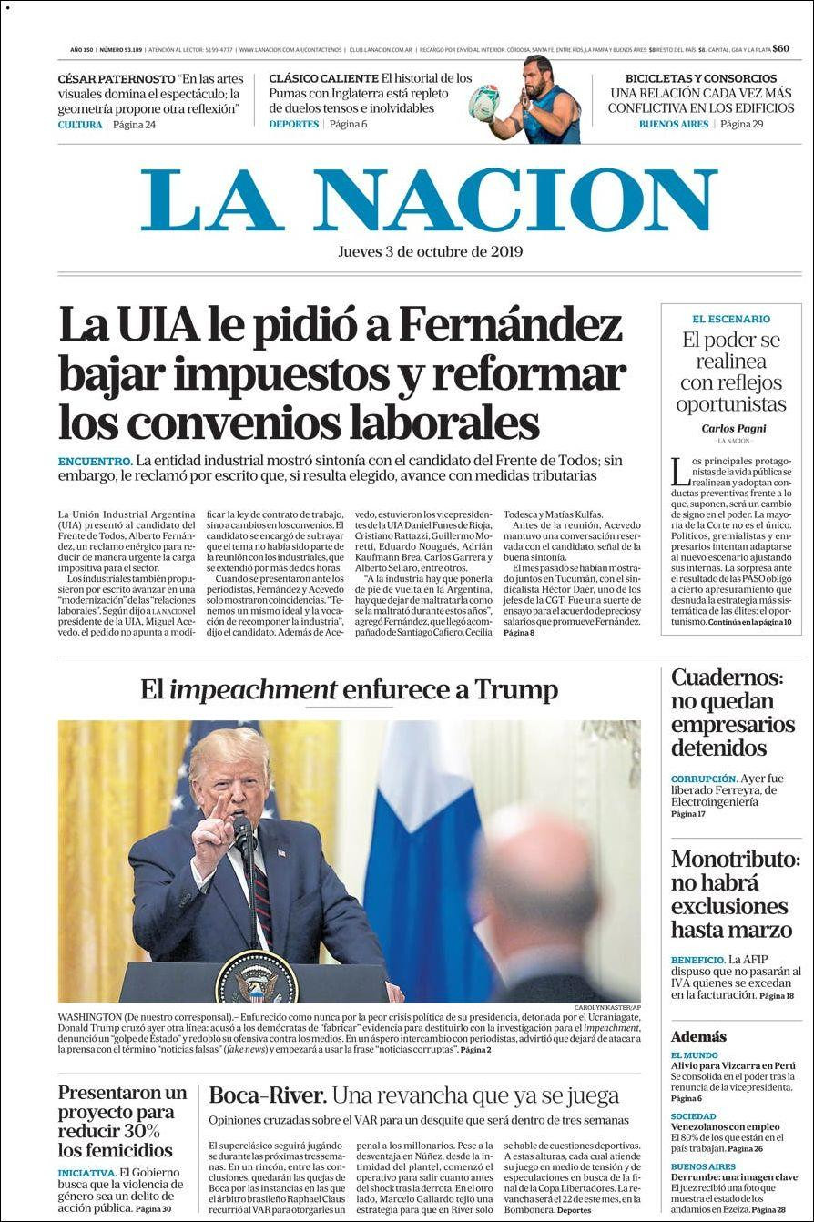 Tapas de diarios, La Nación, jueves 3-10-19