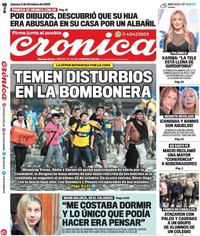 Tapas de diarios, Crónica, jueves 3-10-19