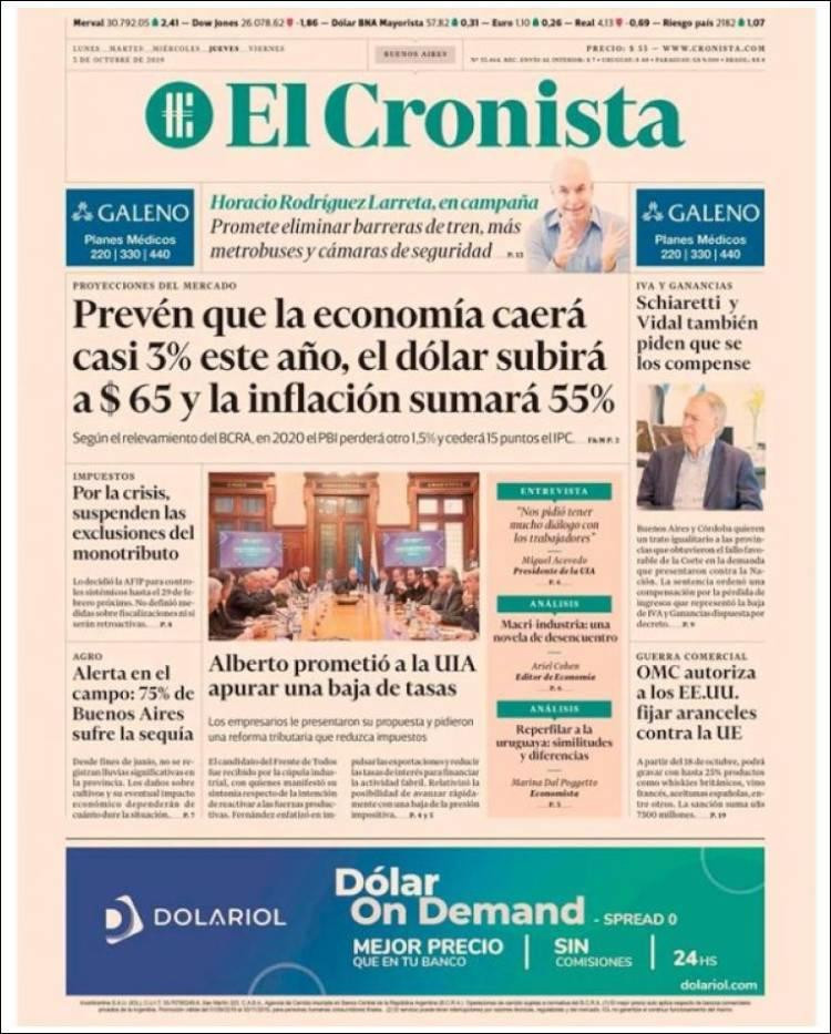 Tapas de diarios, El Cronista, jueves 3-10-19