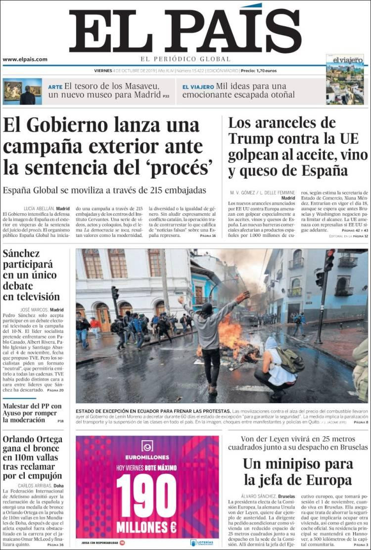 Tapas de diarios, El Pais de España, viernes 04-10-19