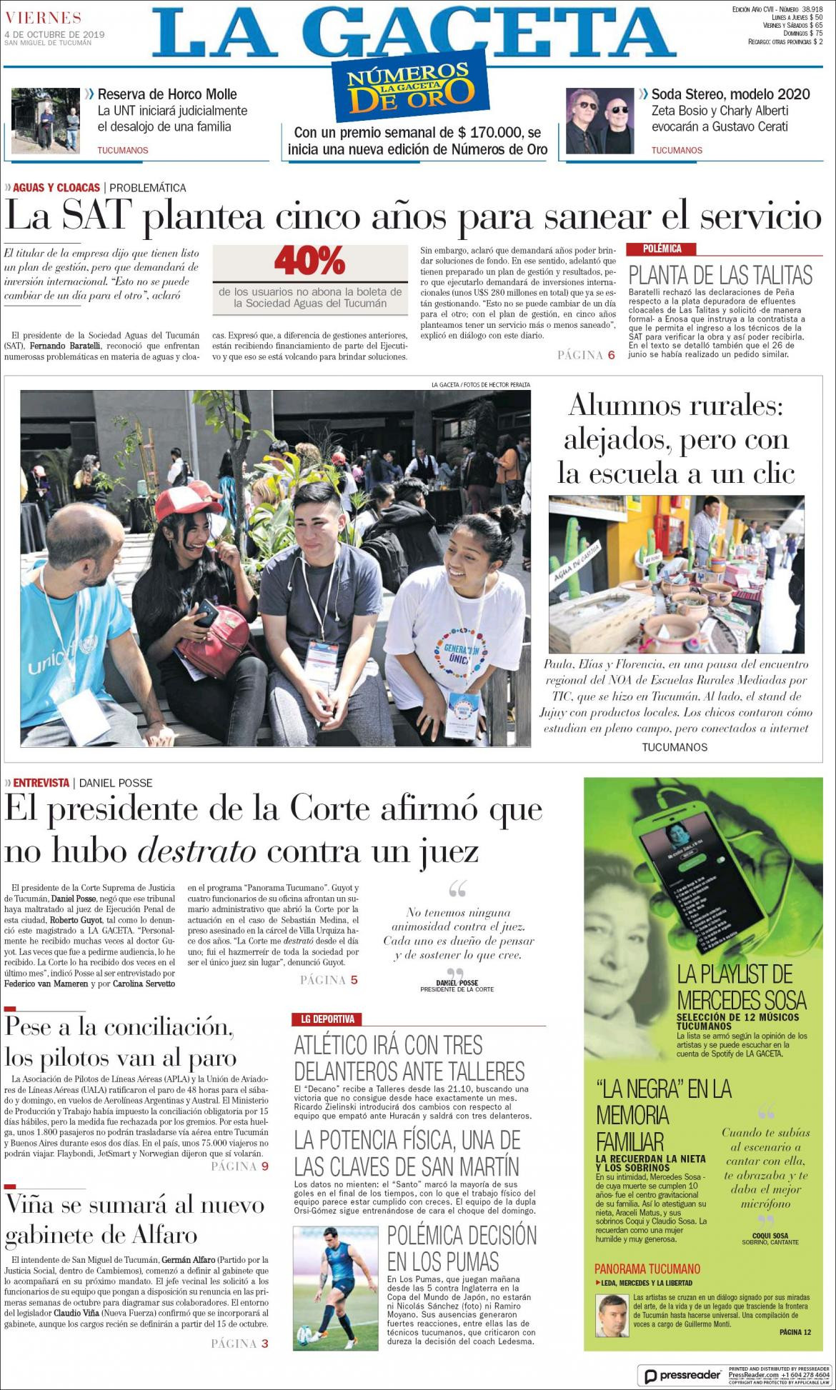 Tapas de diarios, La Gaceta, viernes 04-10-19