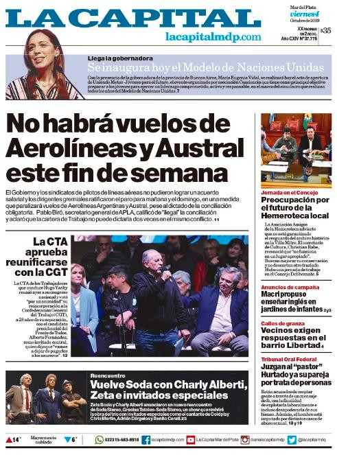 Tapas de diarios, La Capital de Mar del Plata, viernes 04-10-19