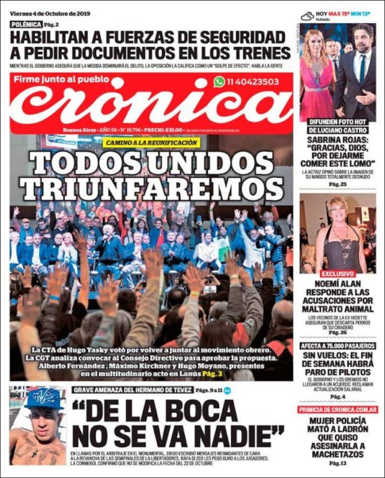 Tapas de diarios, Crónica, viernes 04-10-19