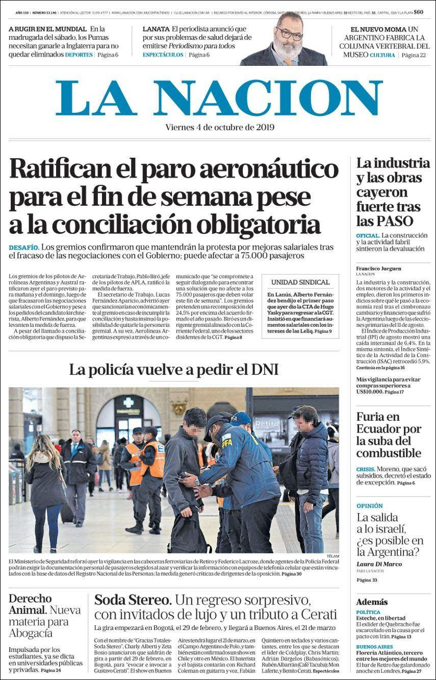 Tapas de diarios, La Nación, viernes 04-10-19