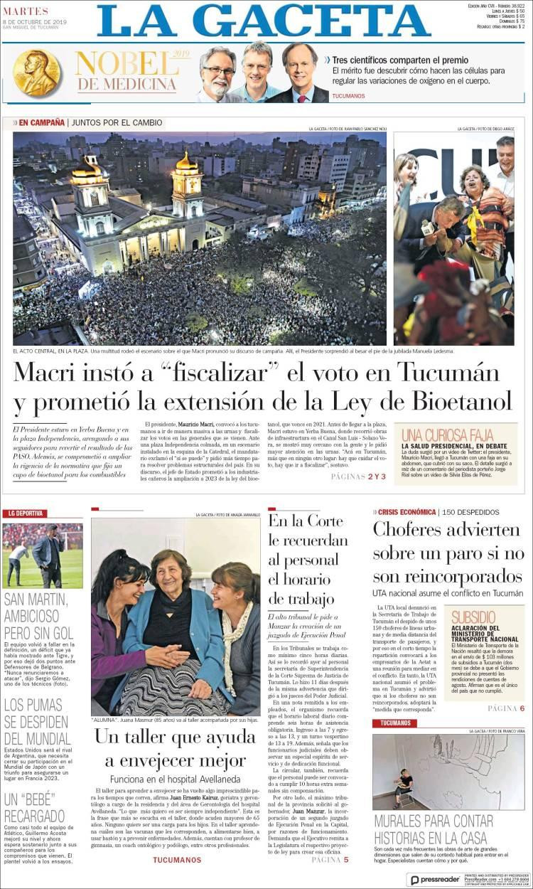 Tapas de diarios, La Gaceta, 8 de octubre de 2019