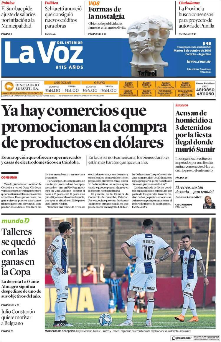 Tapas de diarios, La Voz, 8 de octubre de 2019