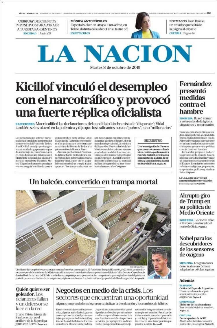 Tapas de diarios, La Nación, 8 de octubre de 2019
