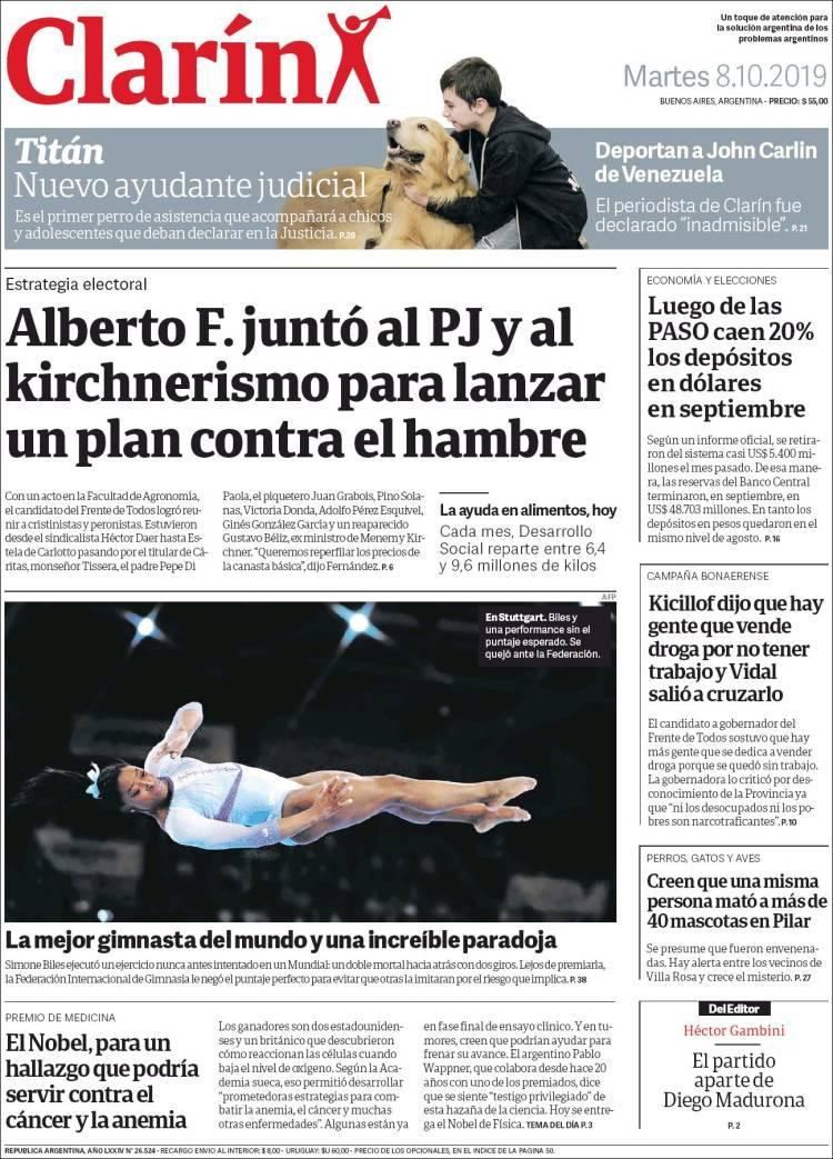 Tapas de diarios, Clarín, 8 de octubre de 2019