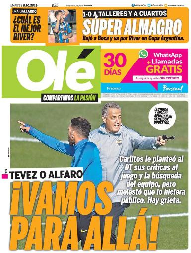 Tapas de diarios, Olé, 8 de octubre de 2019
