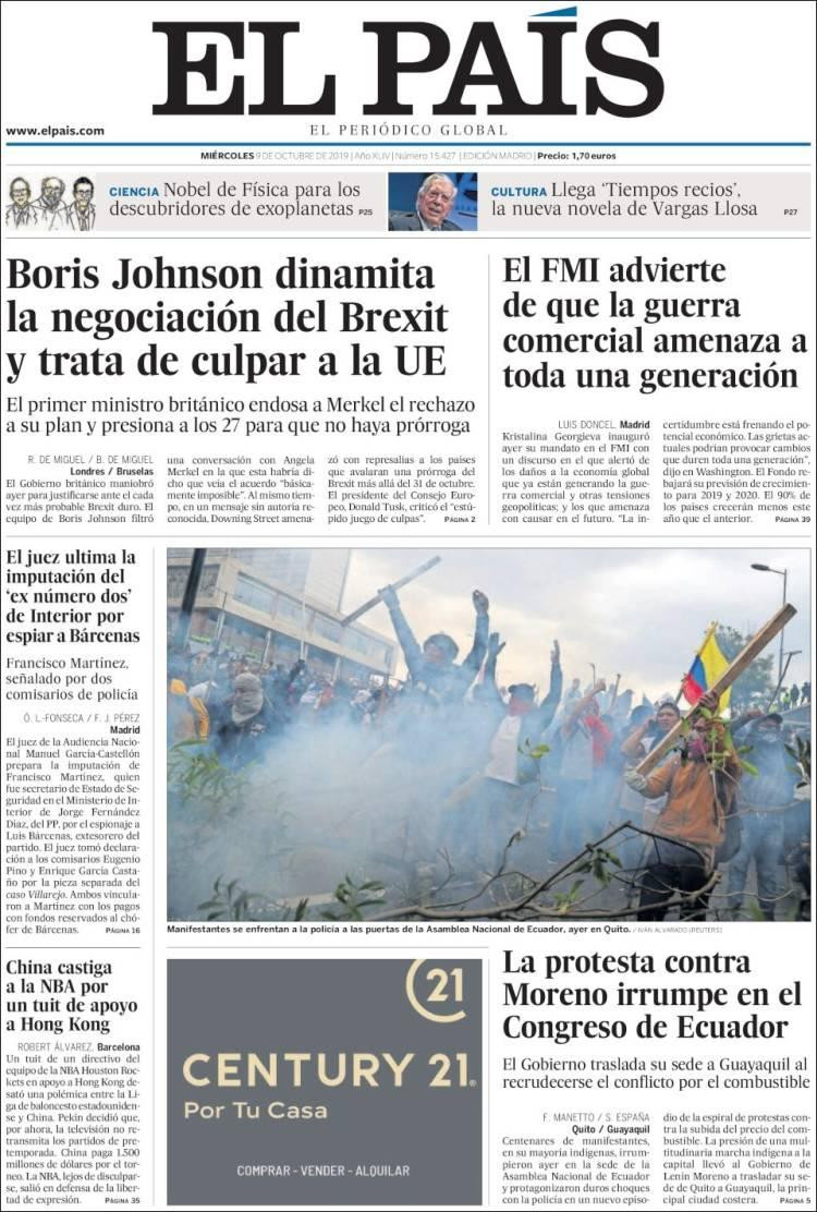 Tapas de diarios, El Pais de España, miercoles 09-10-19