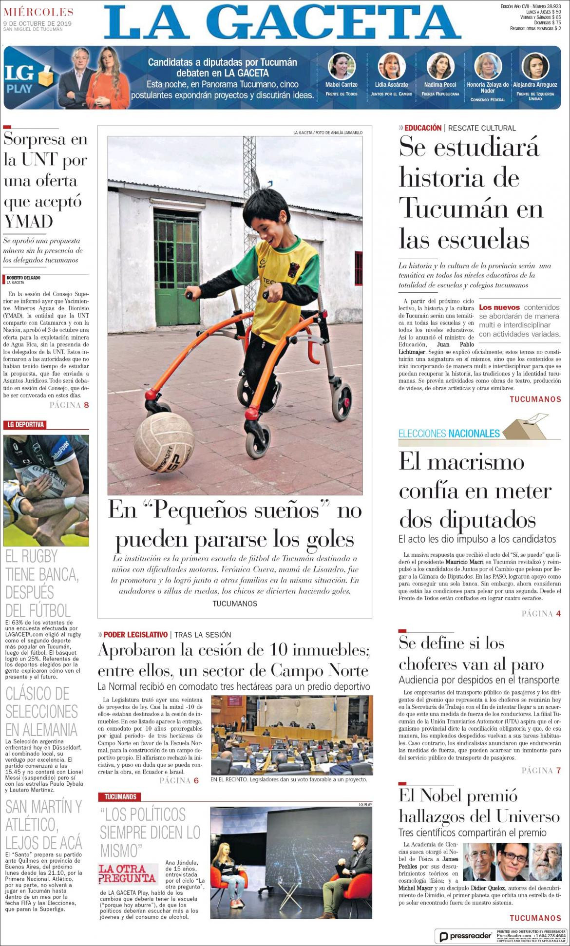 Tapas de diarios, La Gaceta, miercoles 09-10-19