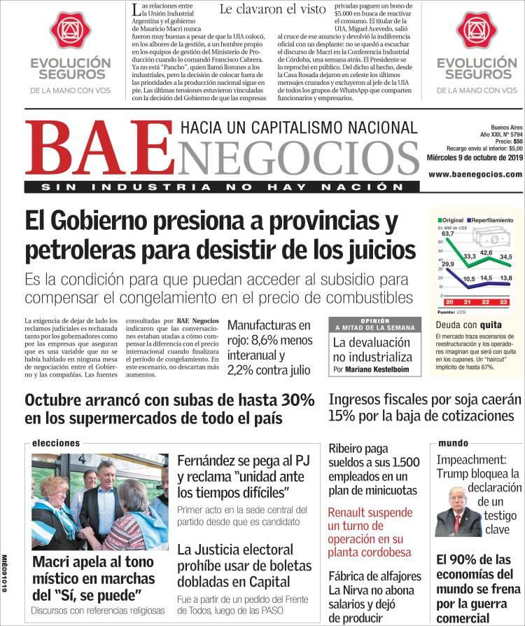 Tapas de diarios, BAE Negocios, miercoles 09-10-19