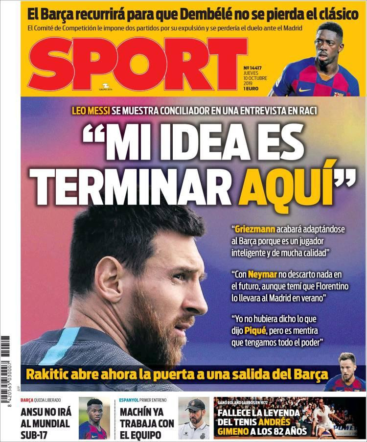 Tapas de diarios, Sport de España, jueves 10-10-19