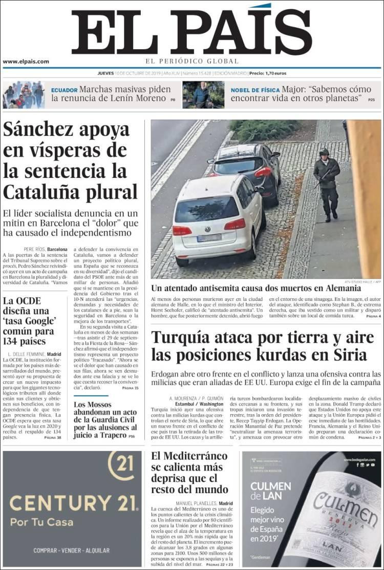 Tapas de diarios, El Pais de España, jueves 10-10-19