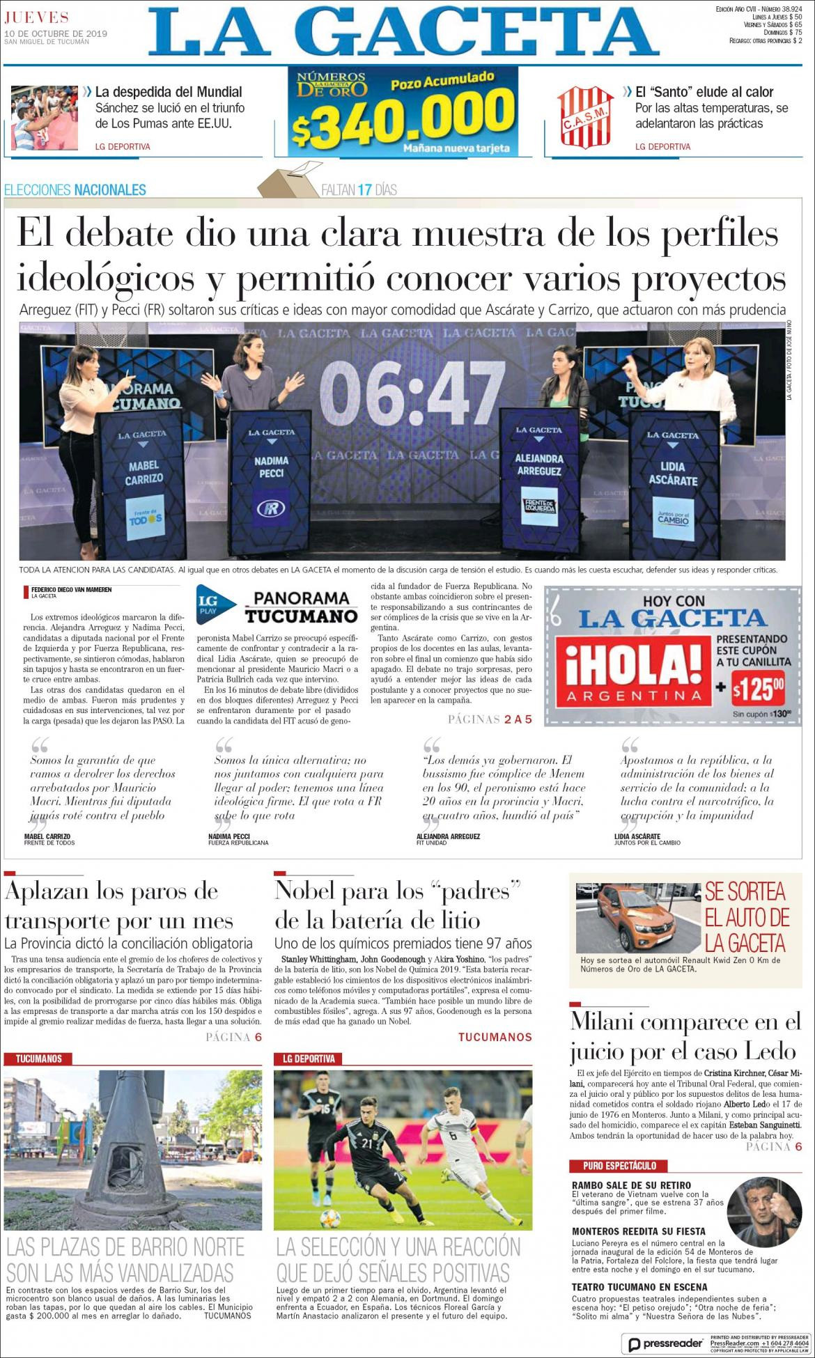 Tapas de diarios, La Gaceta, jueves 10-10-19