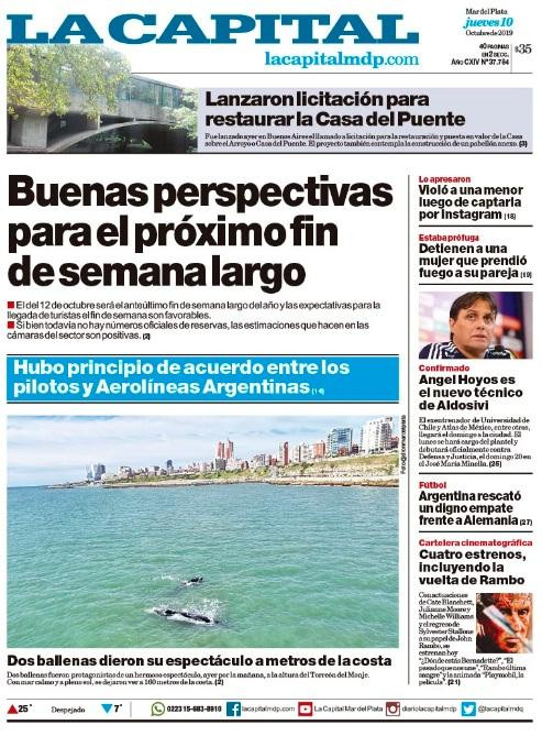 Tapas de diarios, La Capital de Mar del Plata, jueves 10-10-19