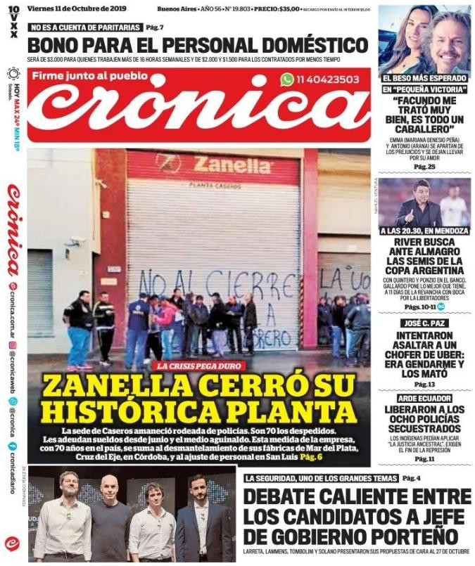 Tapas de diarios, Crónica, viernes 11-10-19