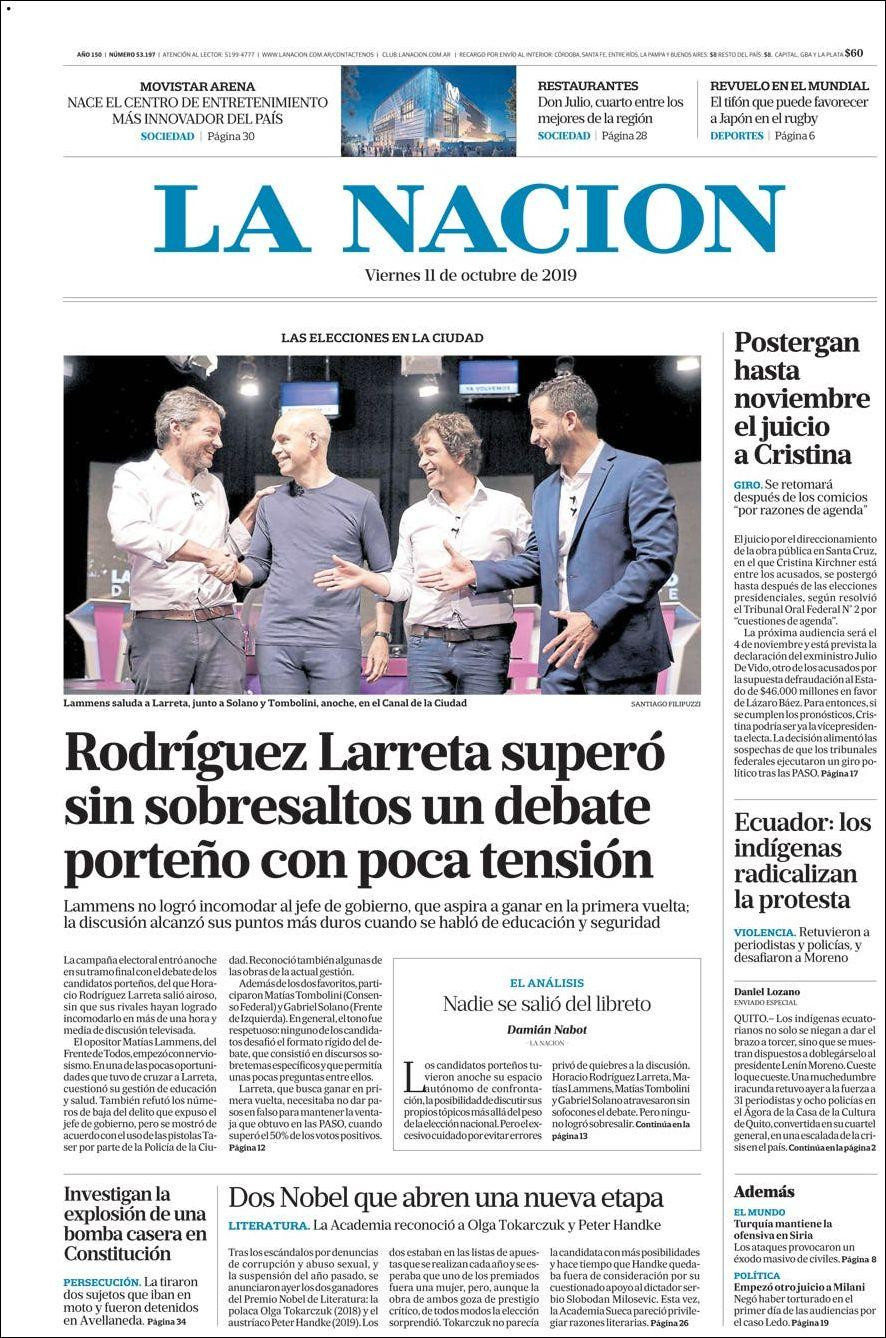 Tapas de diarios, La Nación, viernes 11-10-19