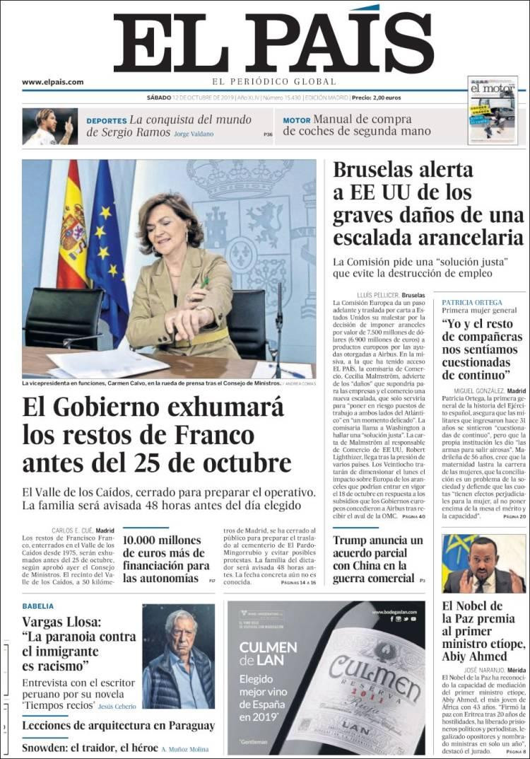 Tapas de diarios, El Pais de España, sábado 12-10-19