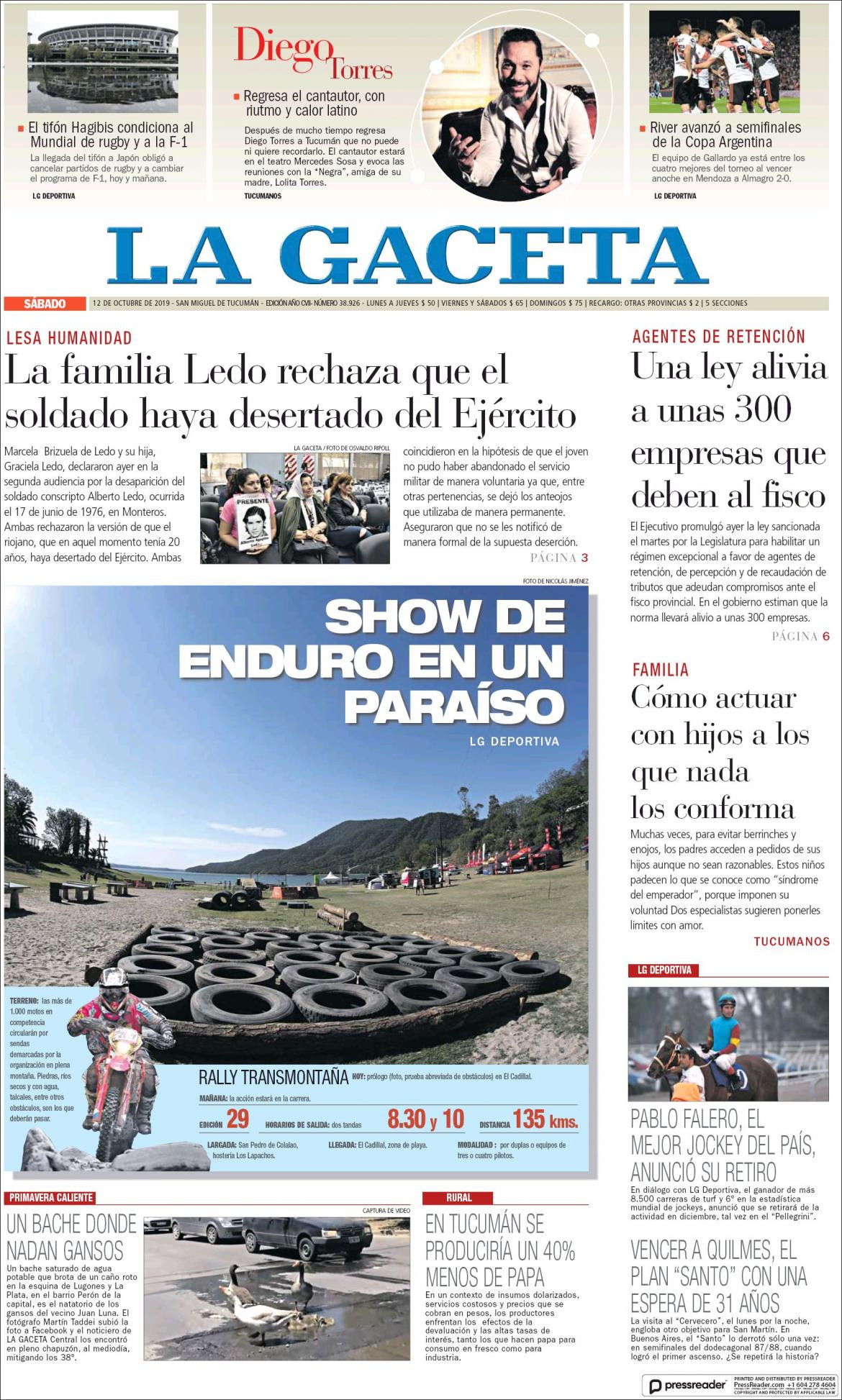 Tapas de diarios, La Gaceta, sábado 12-10-19