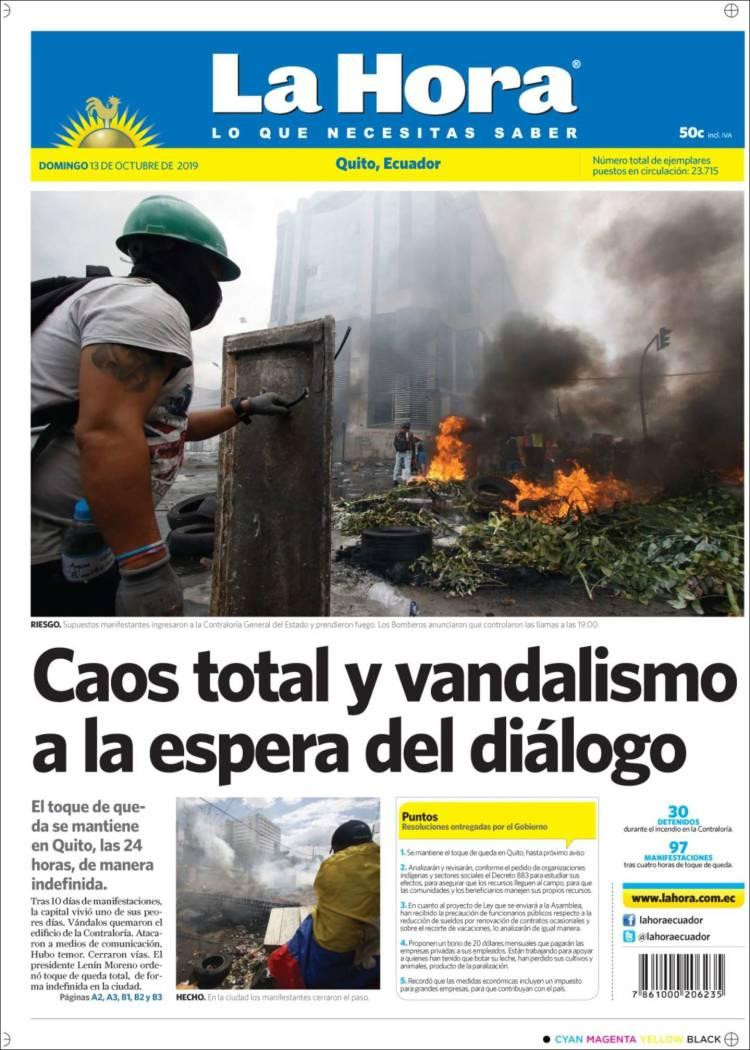 Tapas de diarios Ecuador, La Hora, 13-10-19