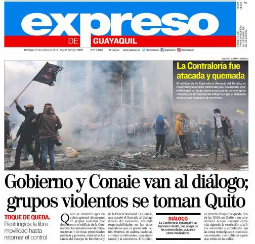 Tapas de diarios Ecuador, Expreso, 13-10-19