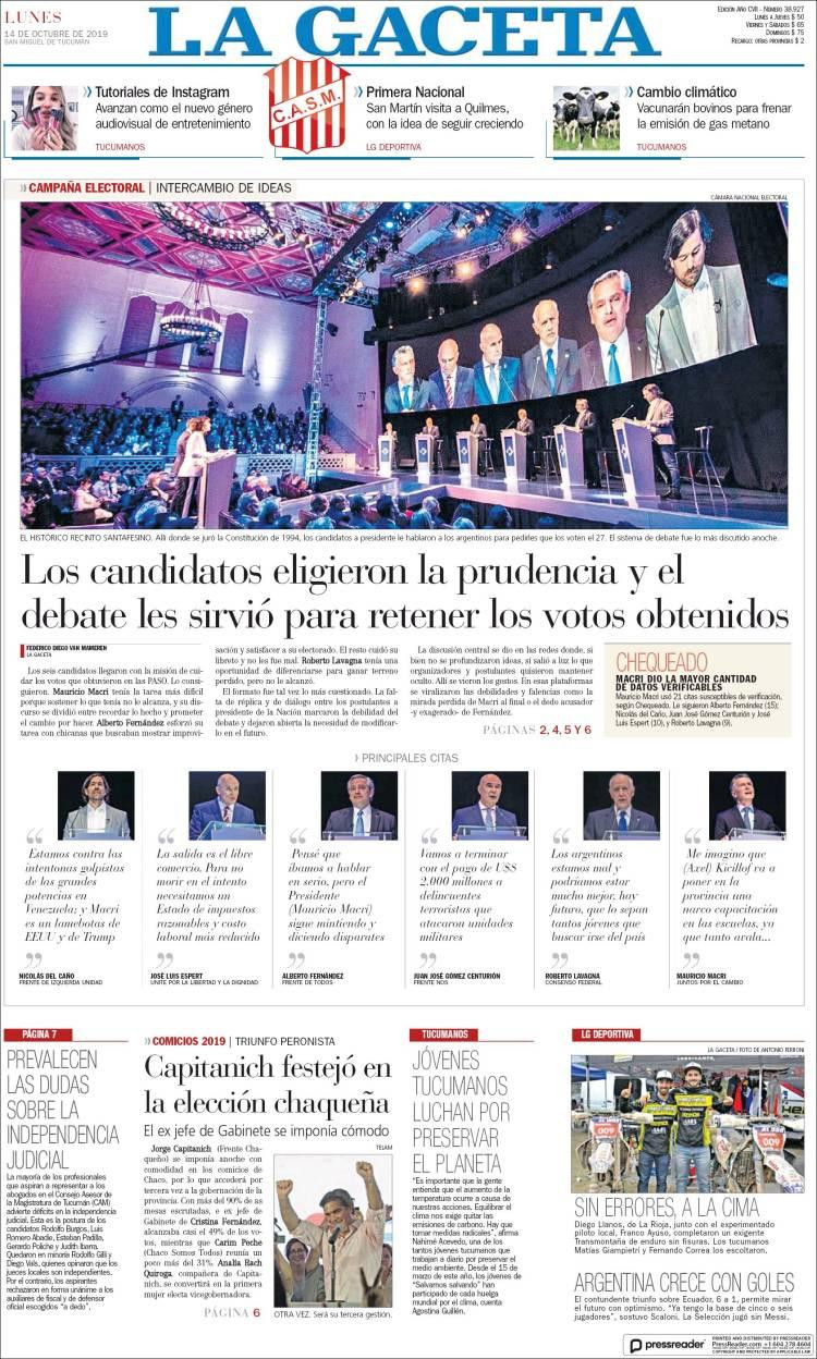 Tapas de diarios, La Gaceta lunes 14-10-19