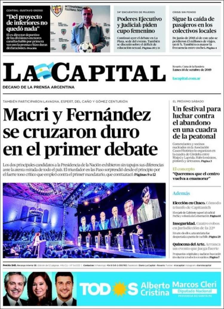 Tapas de diarios, La Capital lunes 14-10-19