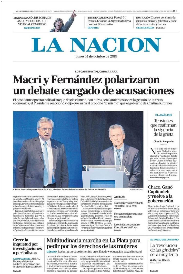 Tapas de diarios, La Nación lunes 14-10-19