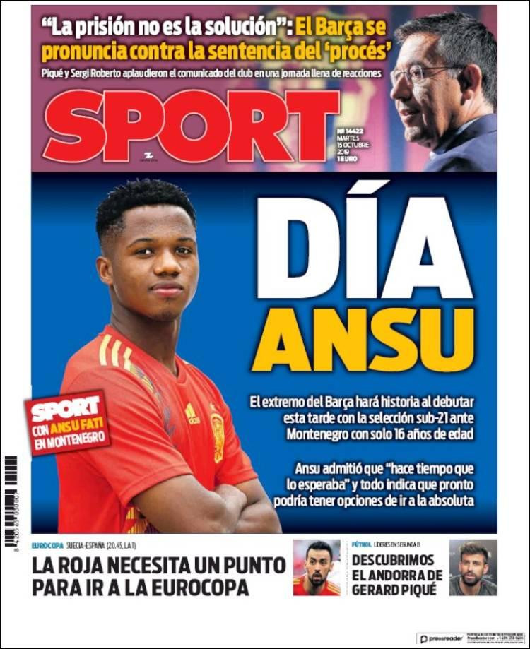 Tapas de diarios, Sport de España, martes 15-10-19