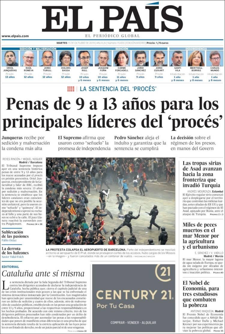 Tapas de diarios, El Pais de España, martes 15-10-19
