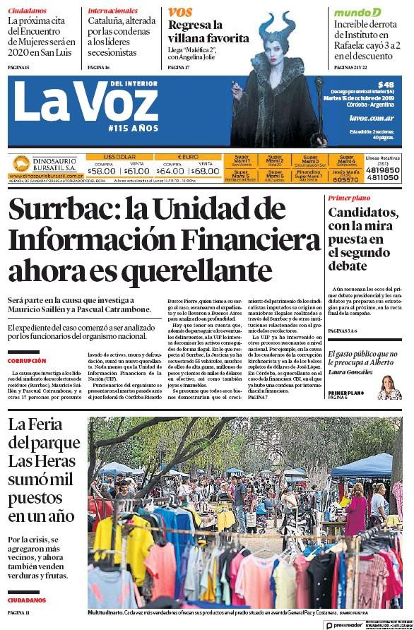 Tapas de diarios, La Voz del Interior, martes 15-10-19
