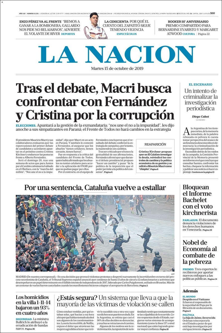 Tapas de diarios, La Nación, martes 15-10-19